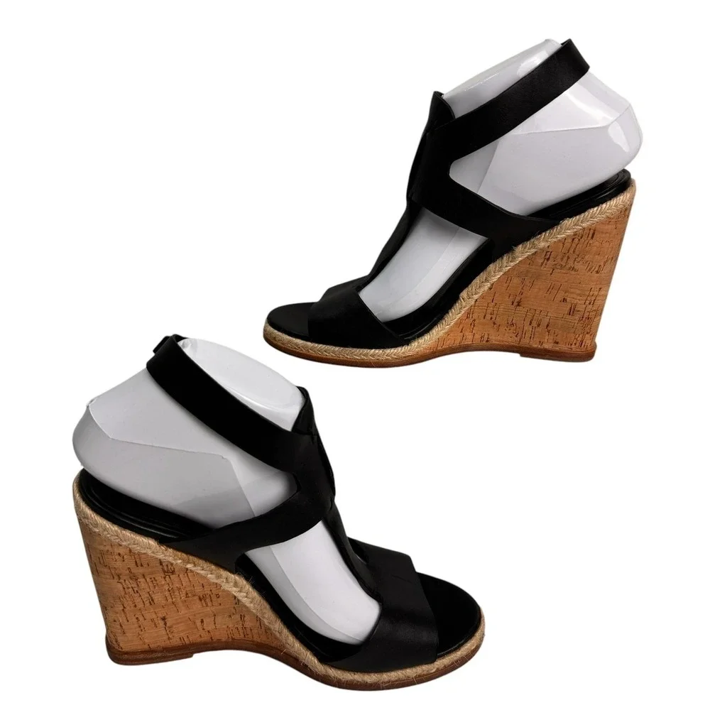 Sigerson Morrison Women's Black Leather Cork Wedge‎ Espadrille T Strap Sandals 9